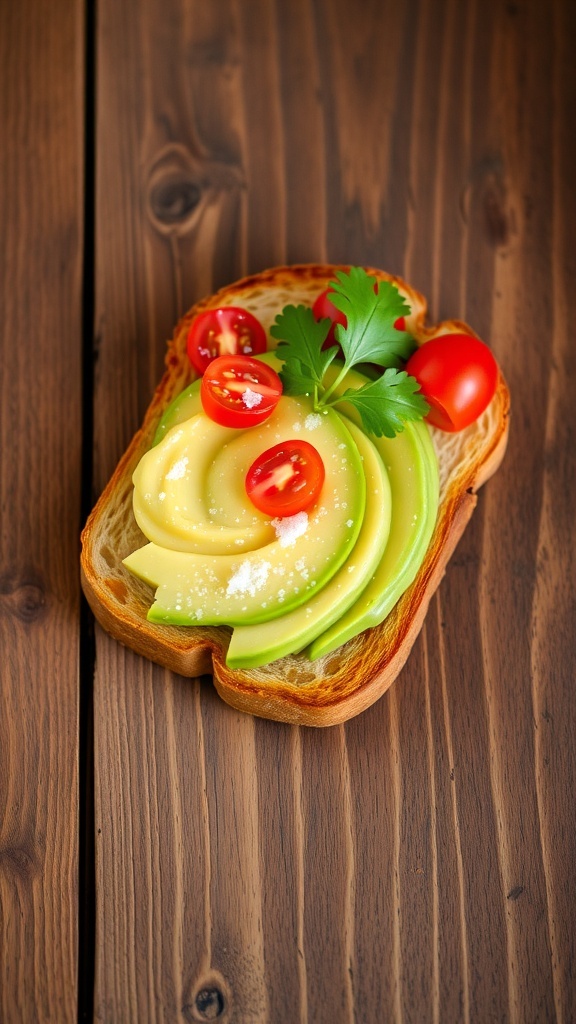 A slice of toast with avocado topping on a wooden table, garnished with cherry tomatoes and cilantro.